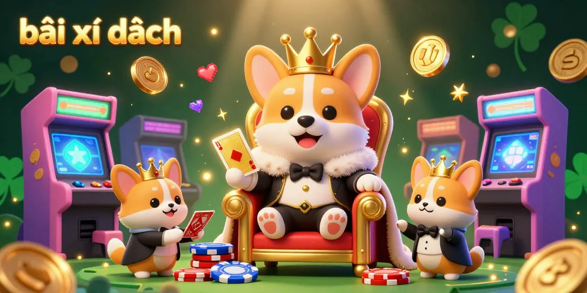 bài xì dách game art showcasing a royal corgi with poker chips, vibrant 3D gaming elements, and royal details.