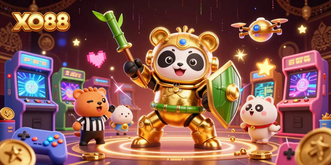 Experience thrilling gameplay at XO88 with dynamic 3D visuals of a mech-suit panda in a vibrant casino arena.
