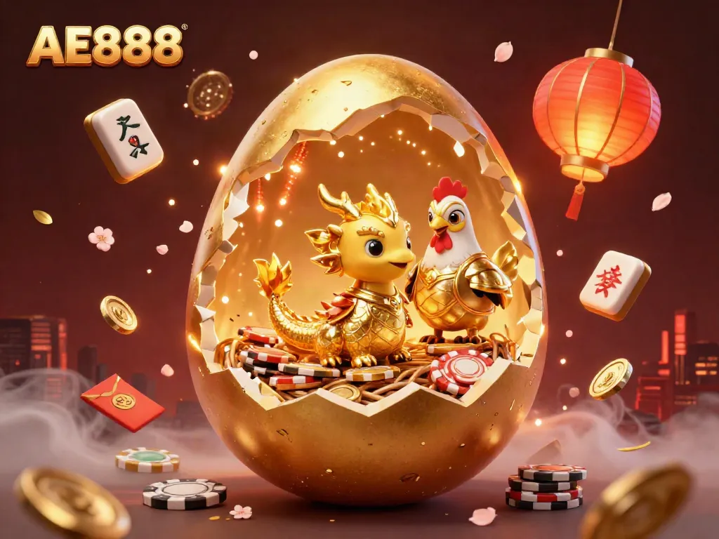 Play and win at AE888 with a golden dragon and poker chips amid festive decorations.