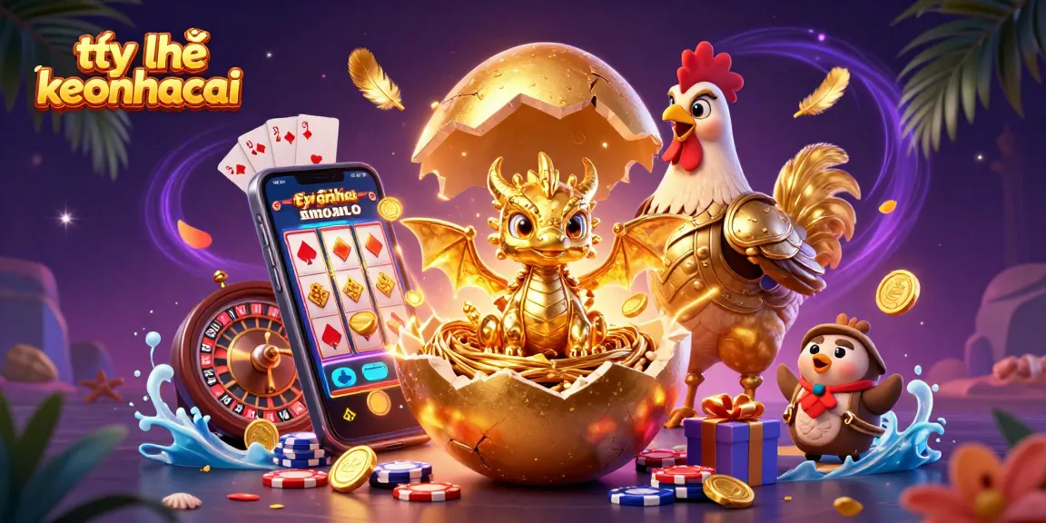 Engage in the thrilling world of tỷ lệ keonhacai with a sparkling illustration showcasing golden eggs, vibrant slots, and dynamic casino elements.
