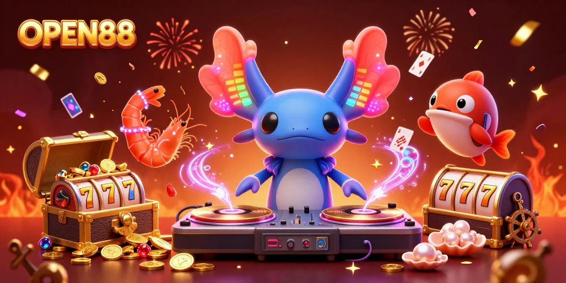 Experience the excitement of OPEN88 with a vibrant underwater casino scene featuring a neon axolotl DJ and playful sea creatures.