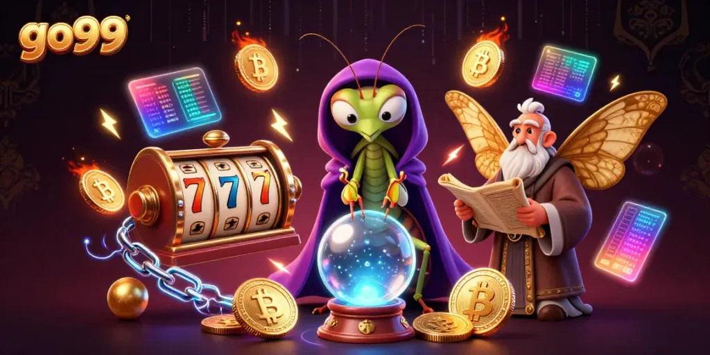 Engage in thrilling gameplay at go99, witnessing a mystical scene with fortune teller and game elements.