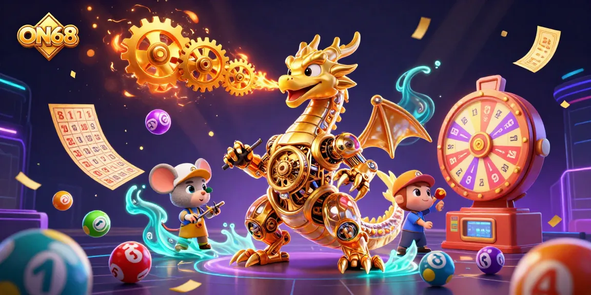Win big at ON68 with this engaging 3D casino illustration showcasing vibrant lottery elements and a golden dragon.