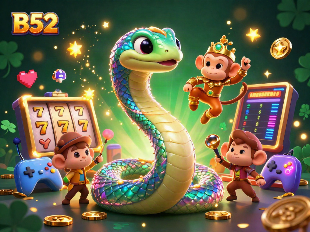 Experience thrilling slots action with the B52 rainbow serpent and playful monkey king in this vibrant casino scene.