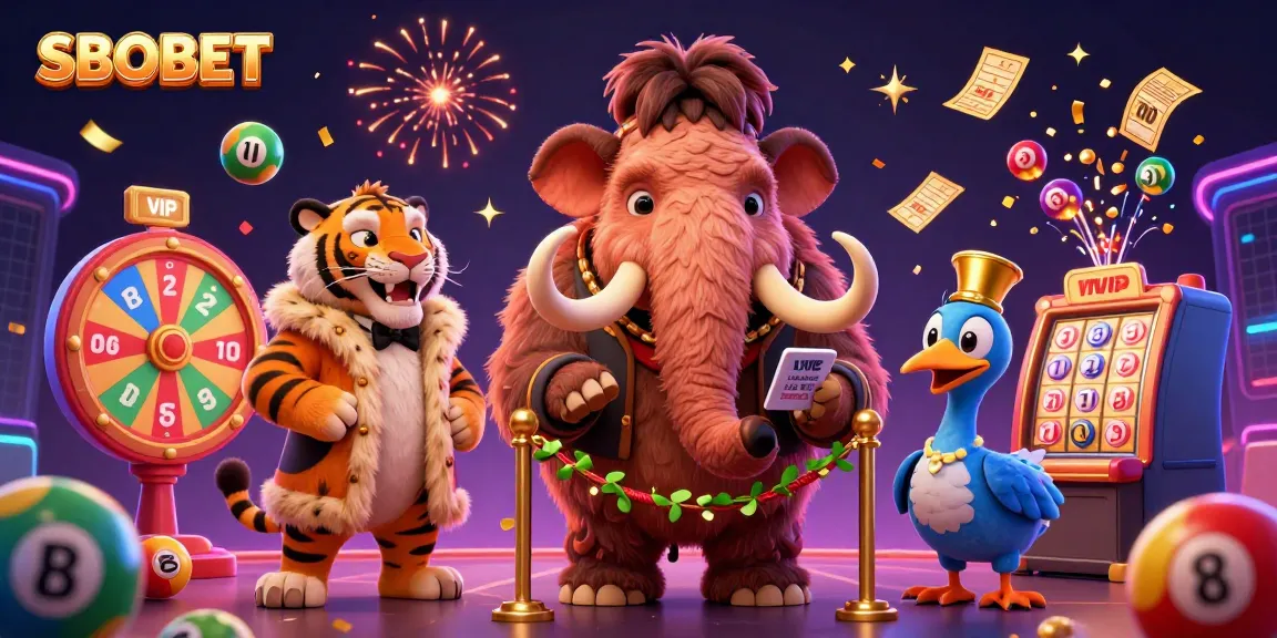 SBOBET promotes a vibrant lottery atmosphere with a woolly mammoth bouncer and colorful casino elements.