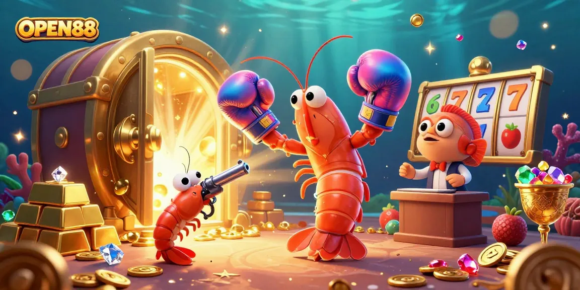 Engage with OPEN88 in a vibrant 3D illustration as shrimp characters explore a dazzling casino world.
