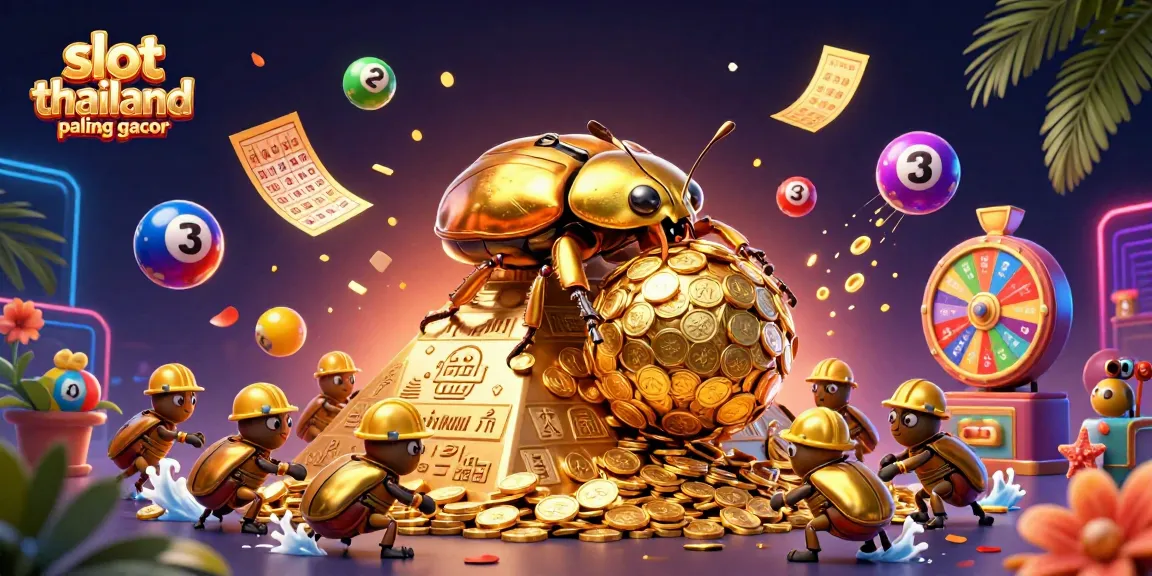 Experience the excitement of slot thailand paling gacor as the golden dung beetle rolls winning coins in this vibrant digital illustration.