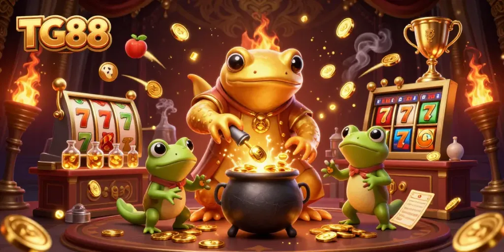 Join the TG88 action with golden coins and vibrant slot reels in an extravagant casino scene.