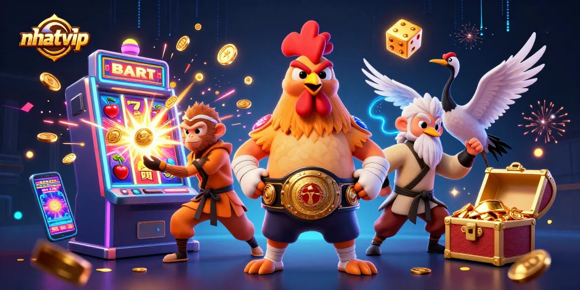 Experience thrilling gameplay at Nhatvip with a vibrant 3D illustration of casino excitement featuring dynamic characters and slot machines.