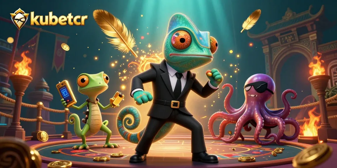Experience the thrills of kubetcr with vibrant casino scenes featuring a chameleon agent and an octopus.