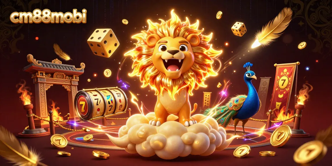 Experience thrilling gameplay with cm88mobi, featuring vibrant elements from slot reels and golden dice.