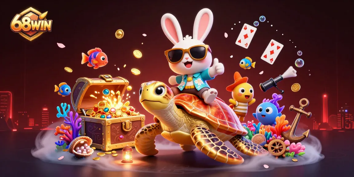 Experience thrilling wins with 68WIN's animated casino scene featuring a lucky rabbit and golden turtle.