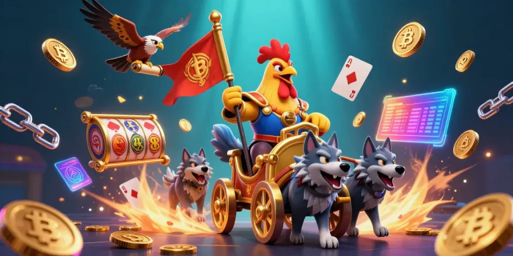 Engage with the vibrant safew casino experience illustrated in a 3D scene of a rooster warlord and wolves among dynamic gaming elements.