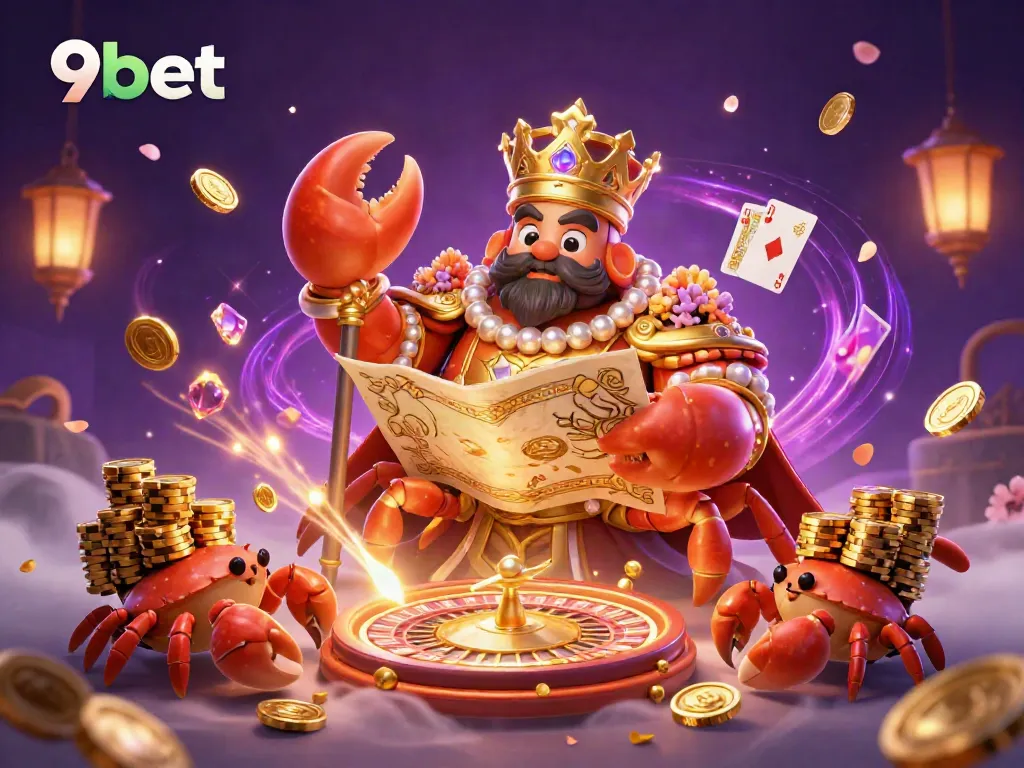 Experience excitement with 9bet at a vibrant live casino scene featuring a golden crab emperor and treasures.