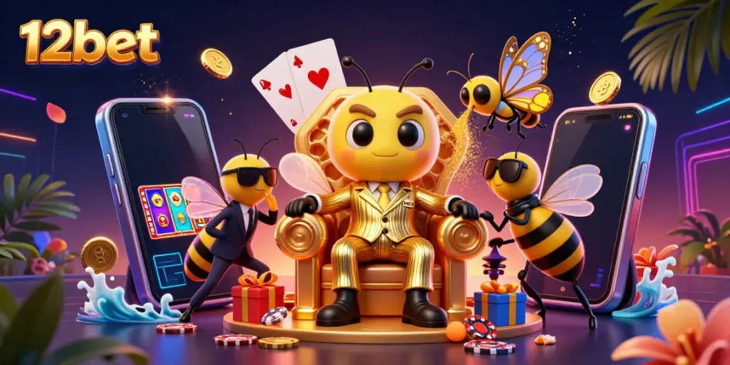 Experience the excitement of 12bet with a mob boss and casino elements in a vibrant 3D illustration.