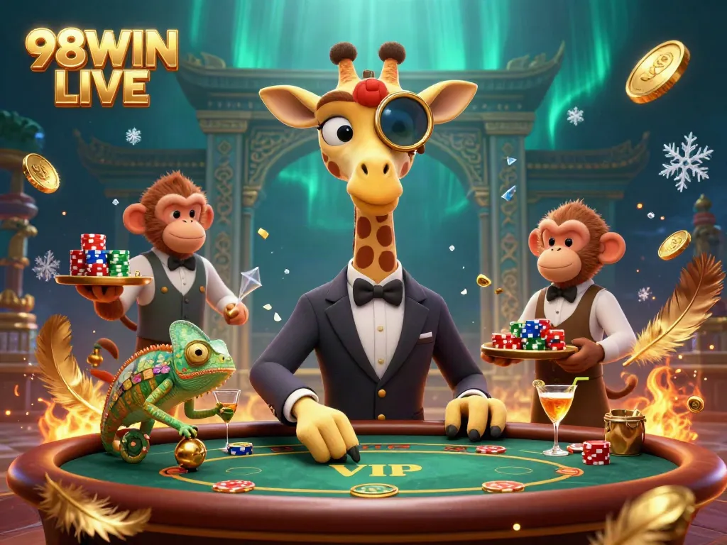 Experience excitement with 98WIN LIVE at a vibrant 3D casino scene featuring a high-roller giraffe and friendly monkey valet.