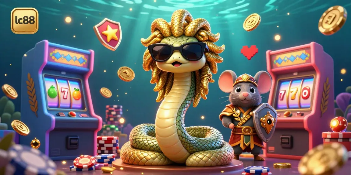 Experience the thrill of lc88 casino with Medusa and warrior mouse amidst colorful gaming elements.