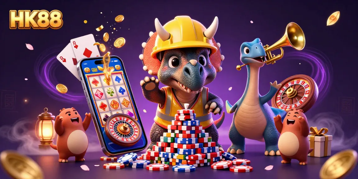 Bet on HK88 for thrilling casino games with a vibrant illustration of a festive scene packed with action.