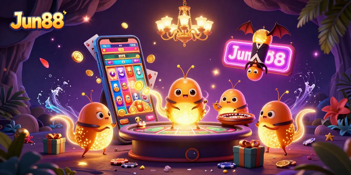 Experience the fun at Jun88 with colorful slots and glowing glowworms lighting the casino.