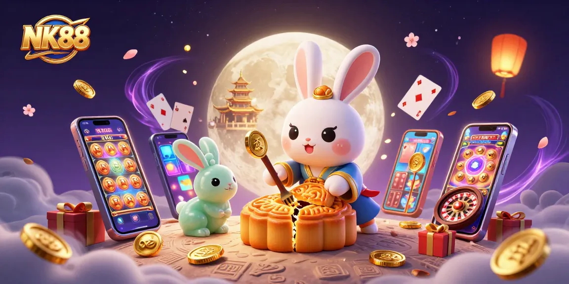 NK88 features an enchanting moon rabbit in a magical casino scene, revealing poker chips from mooncakes.