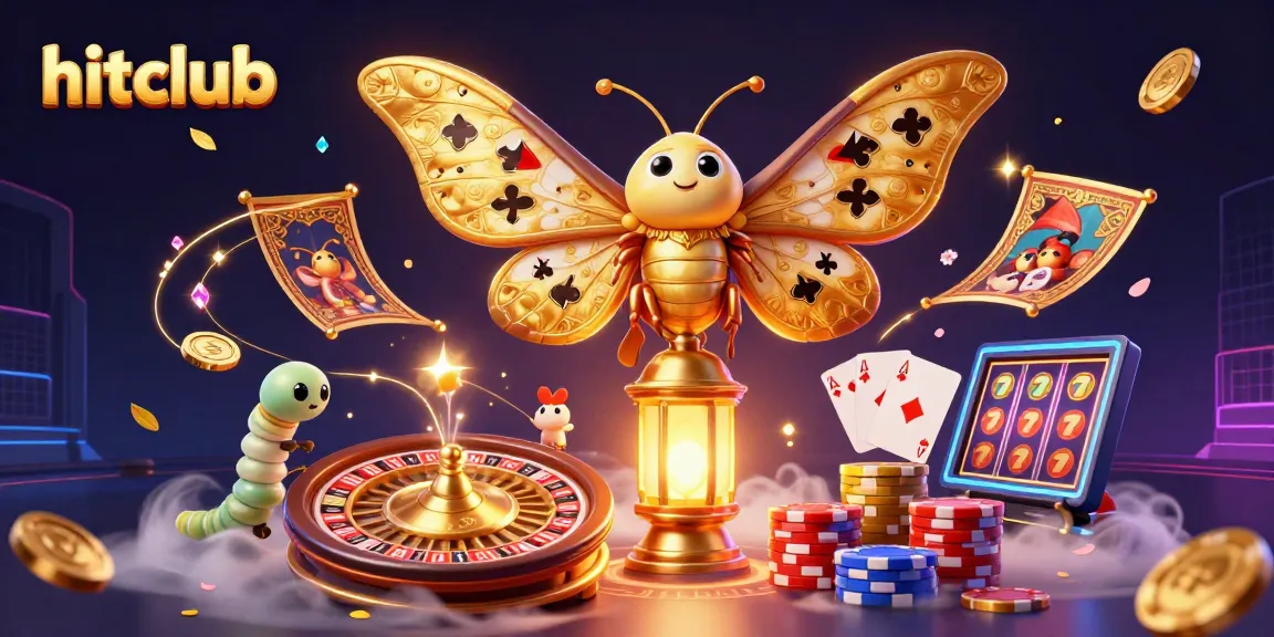 Experience the excitement at hitclub with vibrant casino elements and a majestic moth illustration.