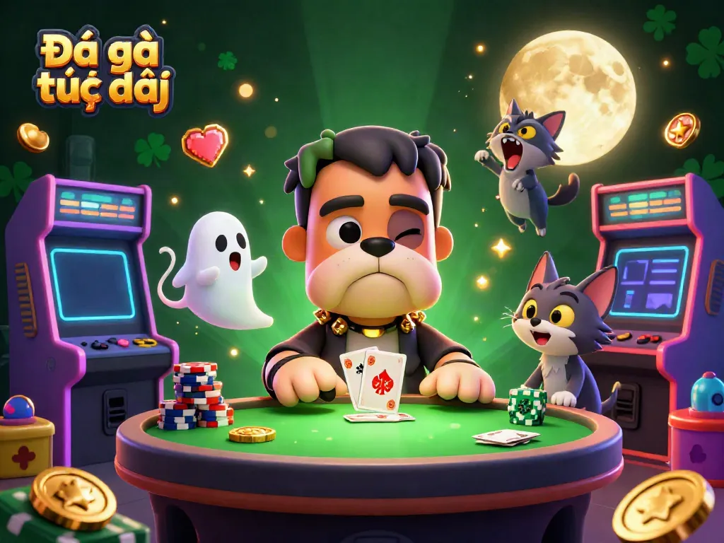 Engage in Đá gà trực tiếp experience with lively cartoon characters dealing cards at a spooky casino setting.