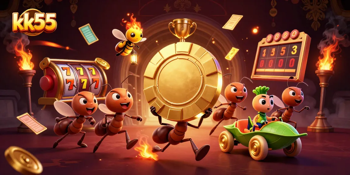 Experience thrilling gameplay with kk55 as cartoon ants steal a giant poker chip surrounded by vibrant casino elements.