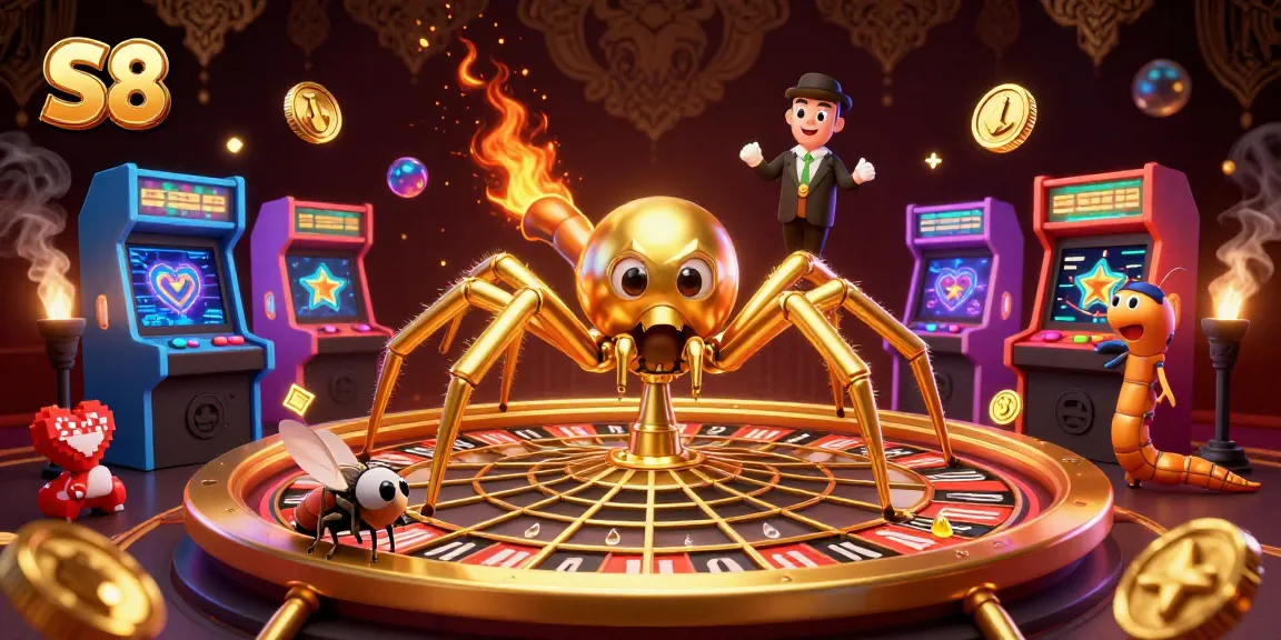 Experience the thrill of betting at S8 with a playful illustration featuring a golden spider and lively gaming elements.