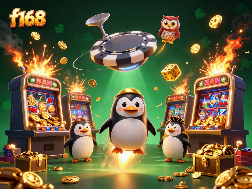 Experience thrilling action with f168 as a golden penguin rockets towards a casino space station.