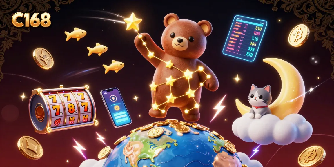 C168 showcases a vibrant casino experience, combining golden star elements with festive slot machines and crypto features.