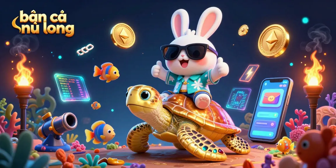 bắn cá ngũ long gameplay showcasing a lucky cartoon rabbit and golden turtle in vibrant underwater action.