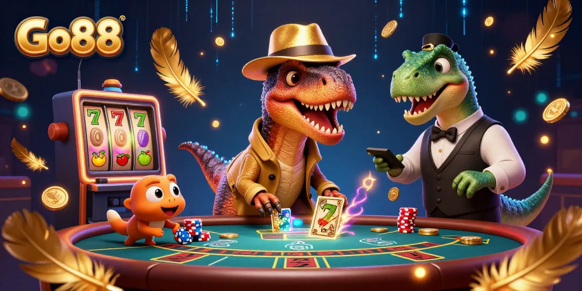 Go88 energizes players at the blackjack table with a velociraptor and friends in a dynamic casino scene.
