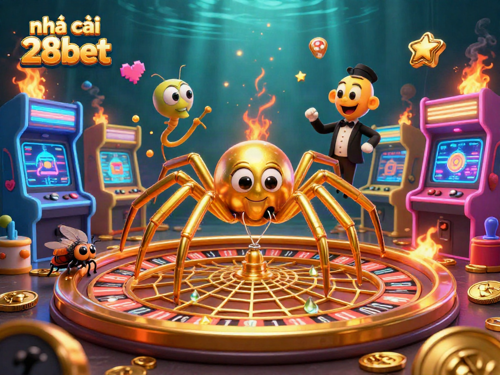 Engage in thrilling games at nhà cái 28bet with a fly nervously betting amid a golden web roulette.
