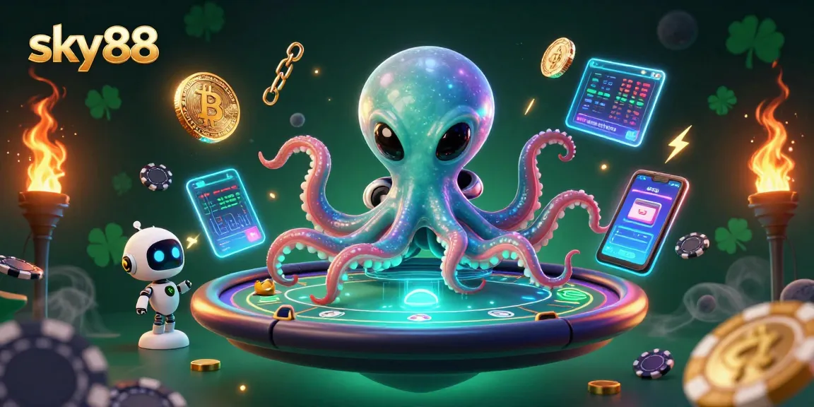 Win at sky88 while engaging with a holographic poker table managed by a cartoon alien octopus and exciting crypto elements.
