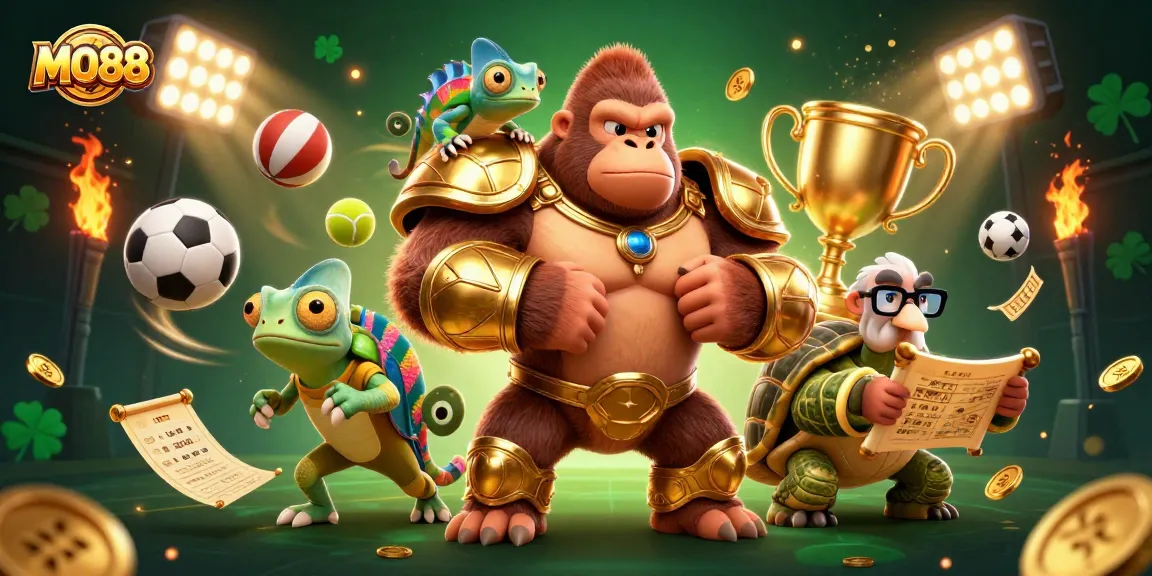 Engage in thrilling gambling experiences with MO88 in this dynamic 3D casino illustration featuring vibrant characters.