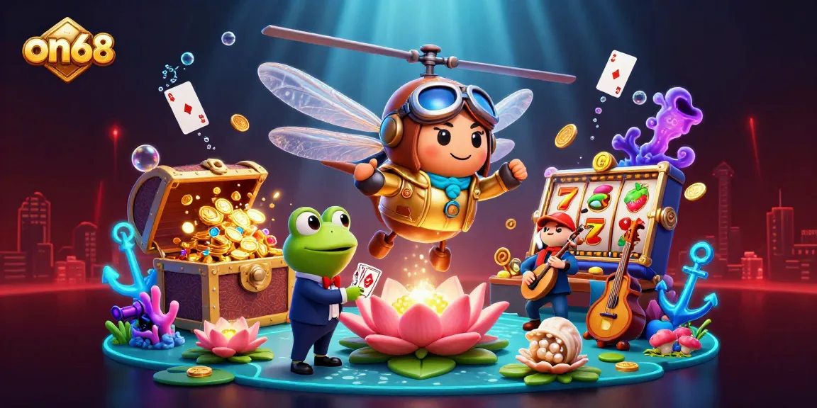 Experience thrilling games at on68 with a cartoon dragonfly pilot over a dynamic lily pad casino scene.