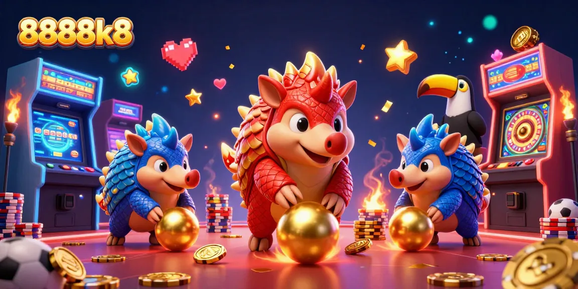Experience the excitement of 8888k8 with animated pangolins competing in a vibrant casino scene.