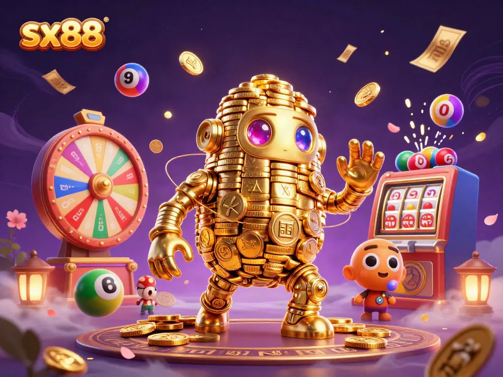 Experience the thrill of sx88 with our animated golem symbolizing gambling fortune amidst vibrant lottery elements.