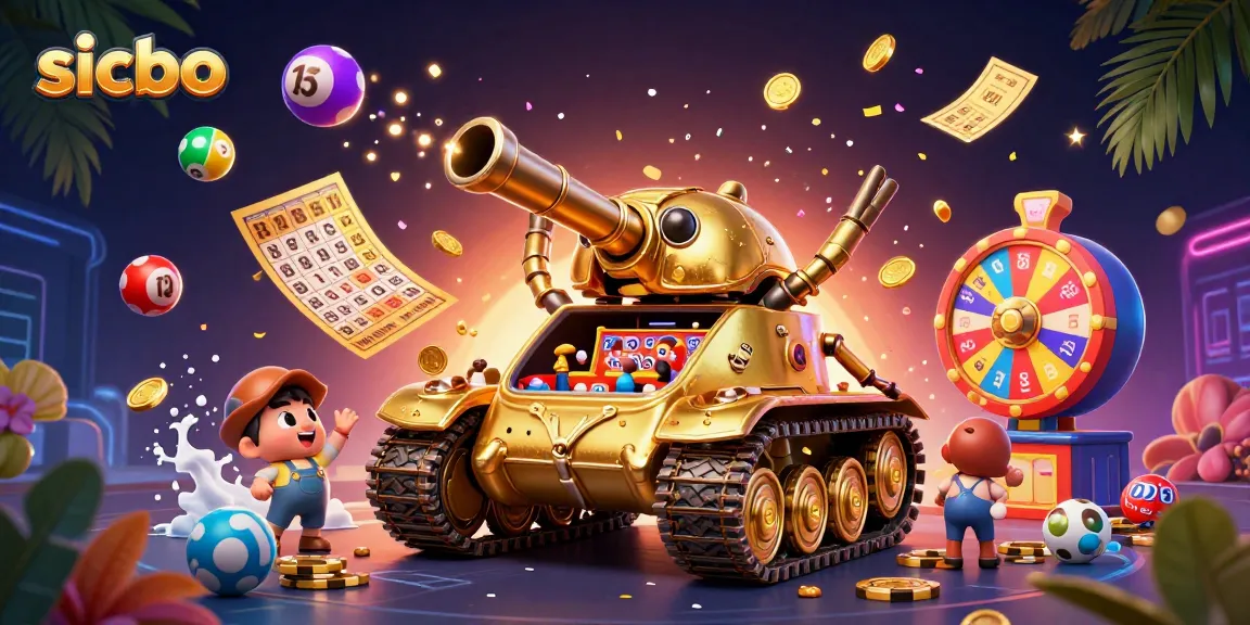 Play sicbo with a colorful dynamic casino scene, featuring a golden beetle tank and confetti.