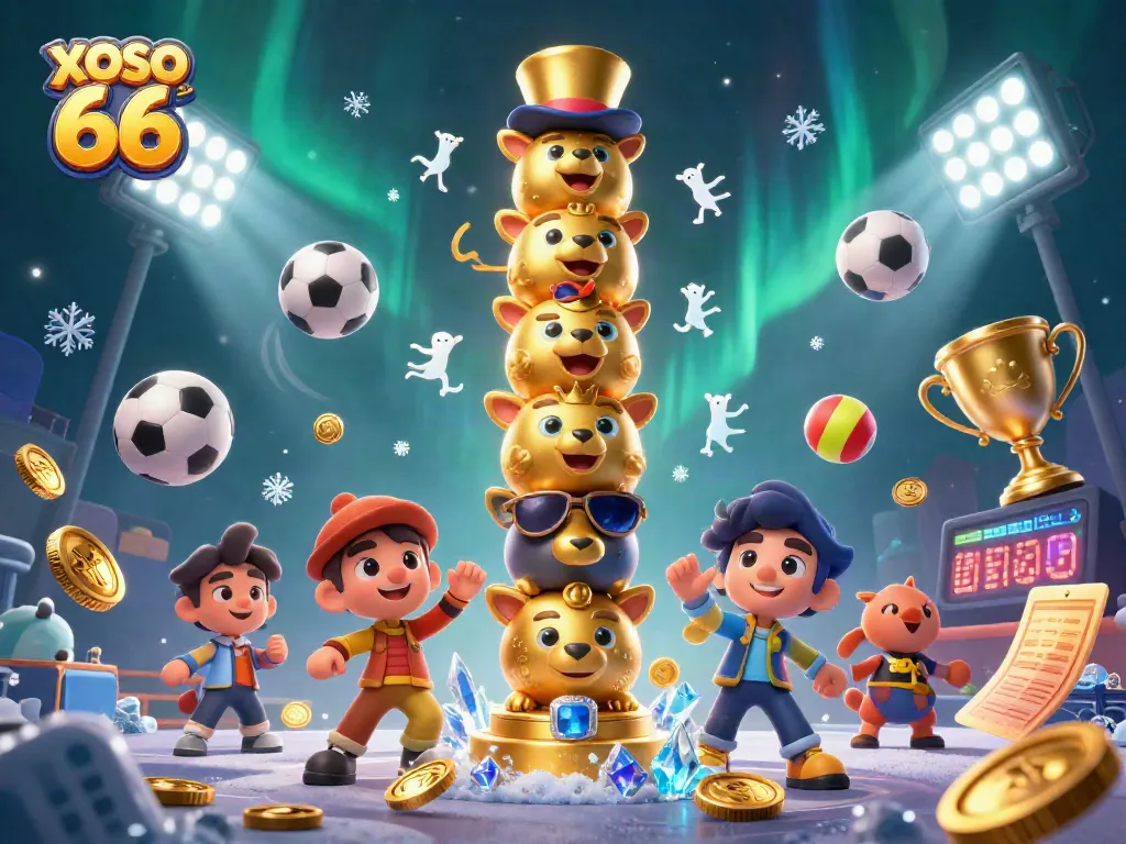 XOSO 66 brings thrilling casino fun with a colorful totem and sports elements in a vibrant illustration.