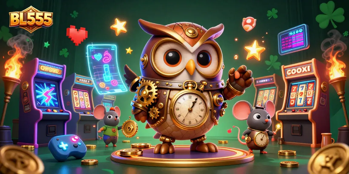 Engage in thrilling gaming excitement with BL555, featuring steampunk owl, clockwork mouse, and vibrant casino elements.