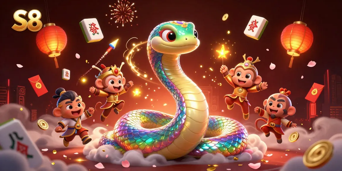 S8 gamblers enjoying vibrant gaming action amidst a mythical scene with a playful monkey king.