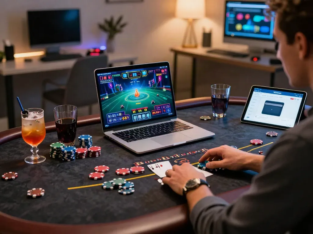 Player enjoying credit card casinos at a virtual blackjack table with stylish decor.