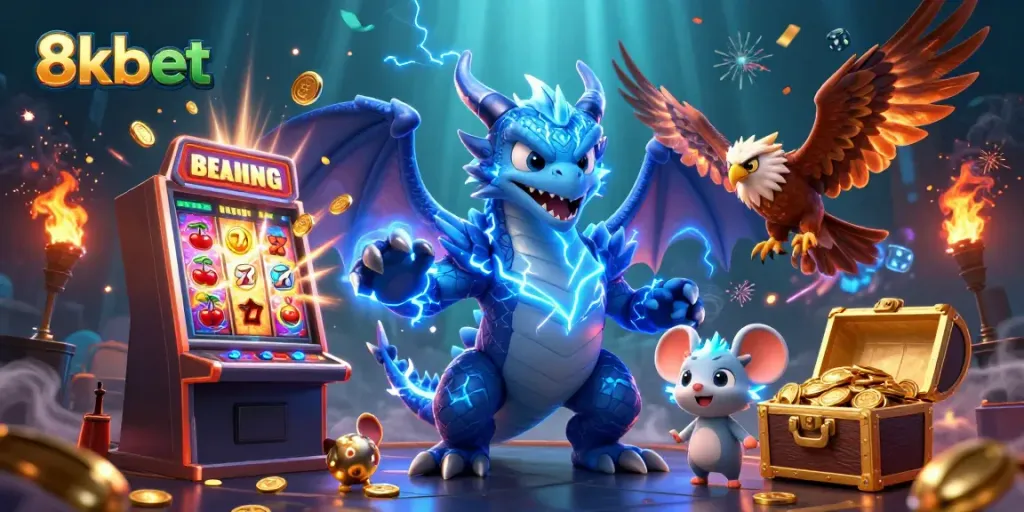 Engage with the exhilarating 8kbet casino experience through vibrant characters and slot machine action.