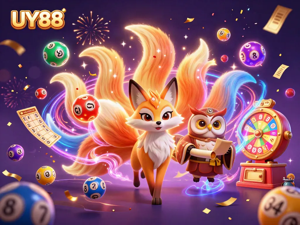 Engage with UY88 in vibrant, colorful gaming landscape featuring animated characters and lottery elements.