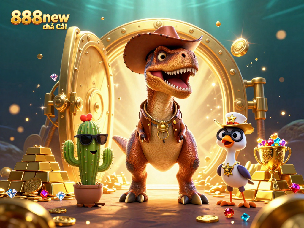 Engage with exciting gaming adventures at 888new nhà cái, featuring a T-Rex cowboy and treasure.