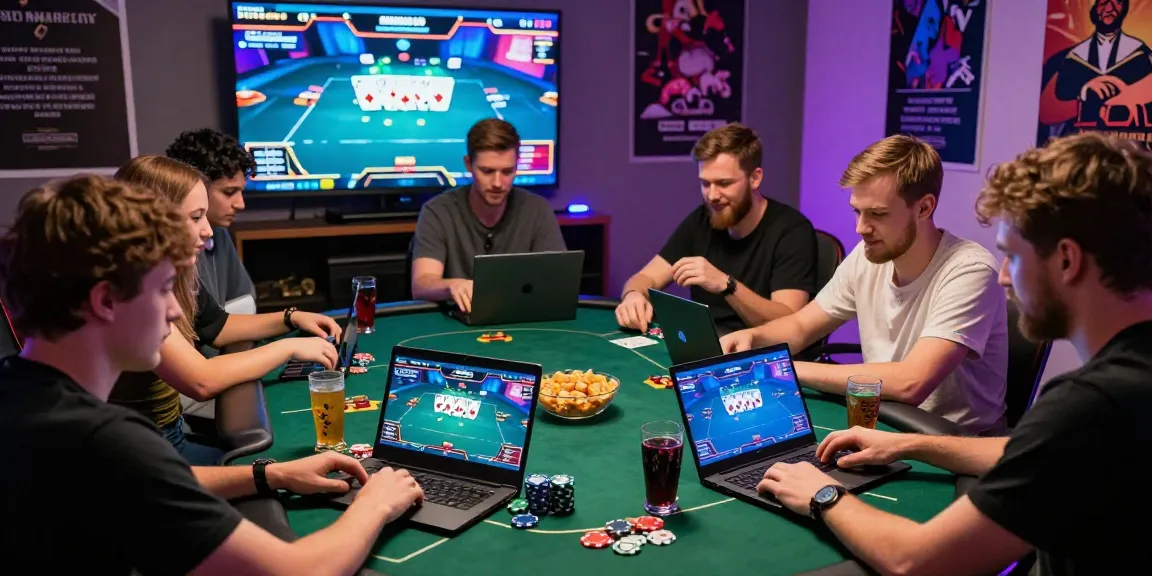 Exciting group playing poker online with Login Domino88, laptops open showing vibrant gameplay.