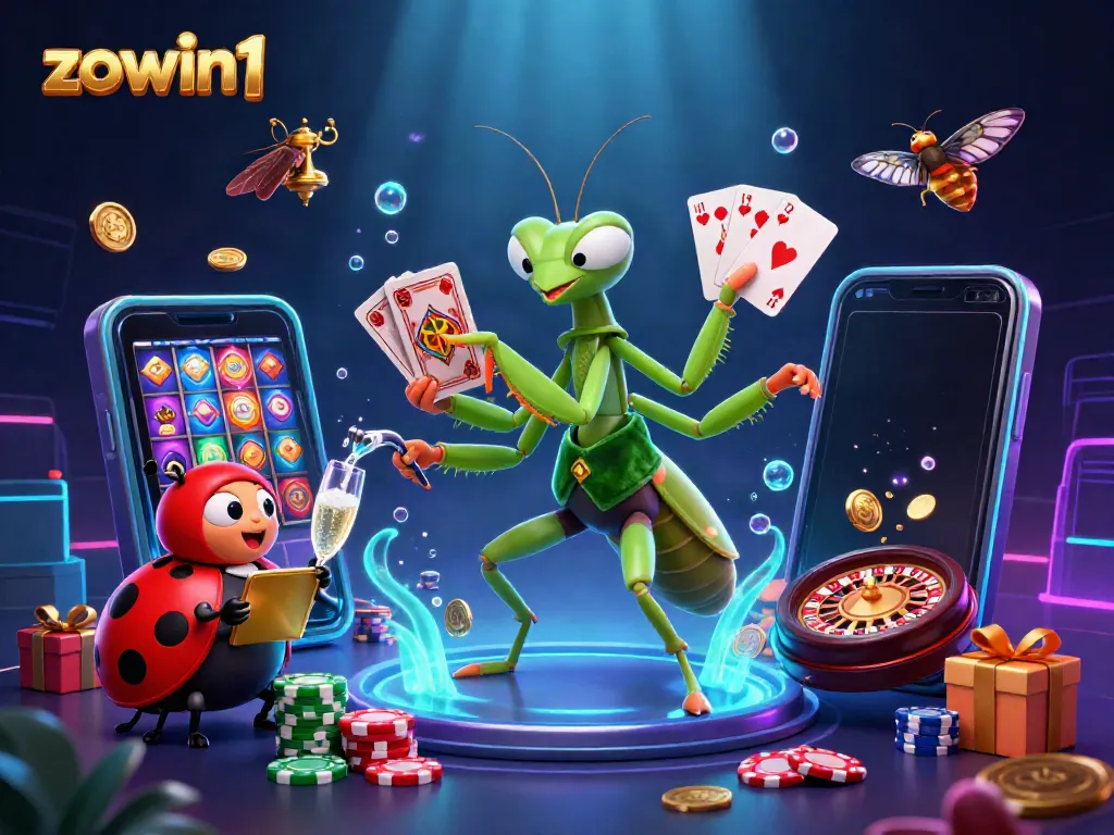 Experience exciting gameplay with zowin1's unique characters in a vibrant casino scene.