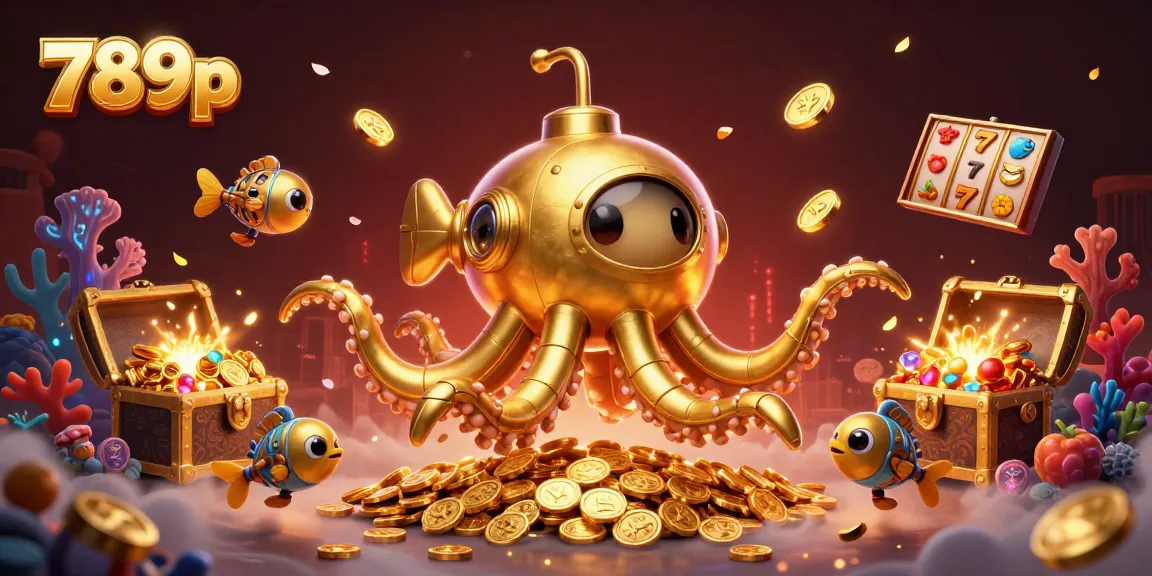 Engage with vibrant slot games at 789p, featuring a golden kraken submarine surfacing amidst shimmering coins.