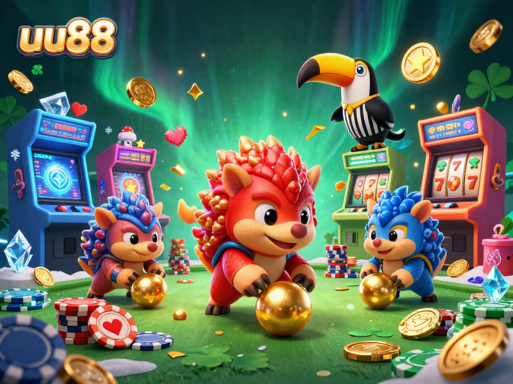 uu88 pangolins compete in a colorful casino scene with poker chips and slot elements, bringing casino excitement alive